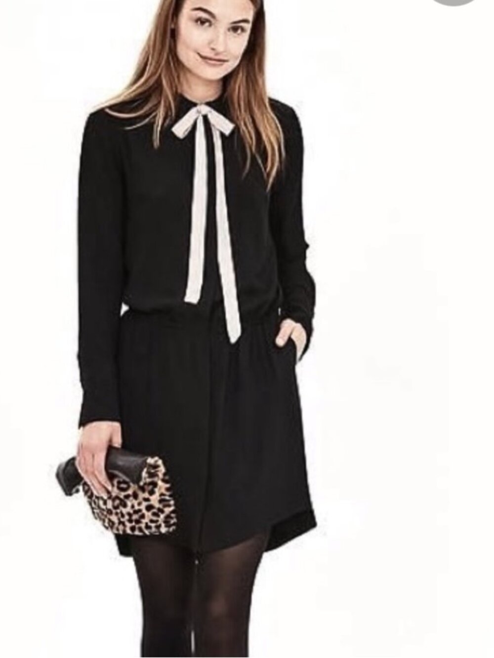 Banana Republic Black & Dusty Pink Tie Bow Neck Mini Dressy Shirtdress Sz 4